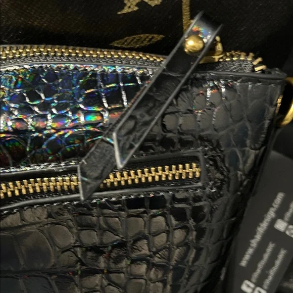 Sharif Black Iridescent Croc-Embossed Leather Bag NWT - Picture 5 of 16